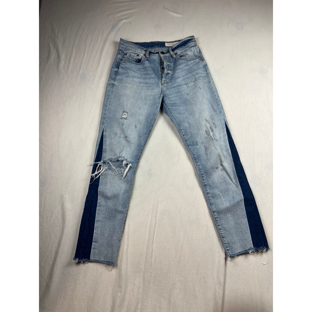 Pistola Distressed Light Wash Jeans with Dark Side Stripe Button Fly Size 27
